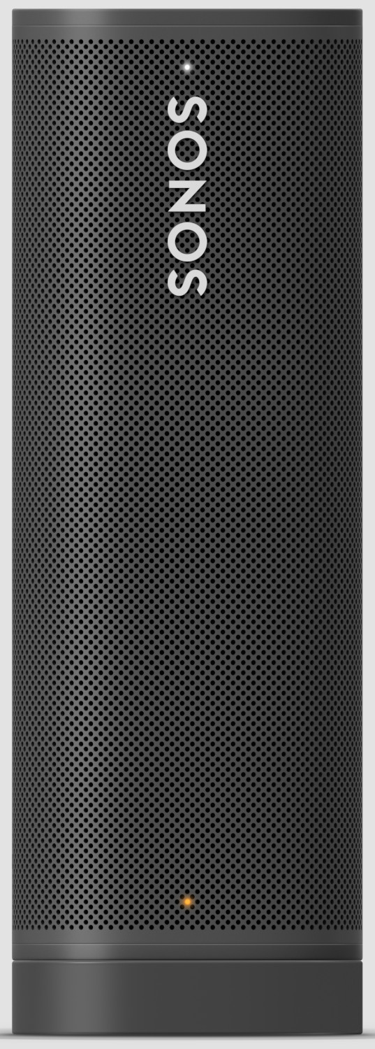 Un haut-parleur Sonos noir, cylindrique et long, avec le mot SONOS verticalement et une lumière en bas.