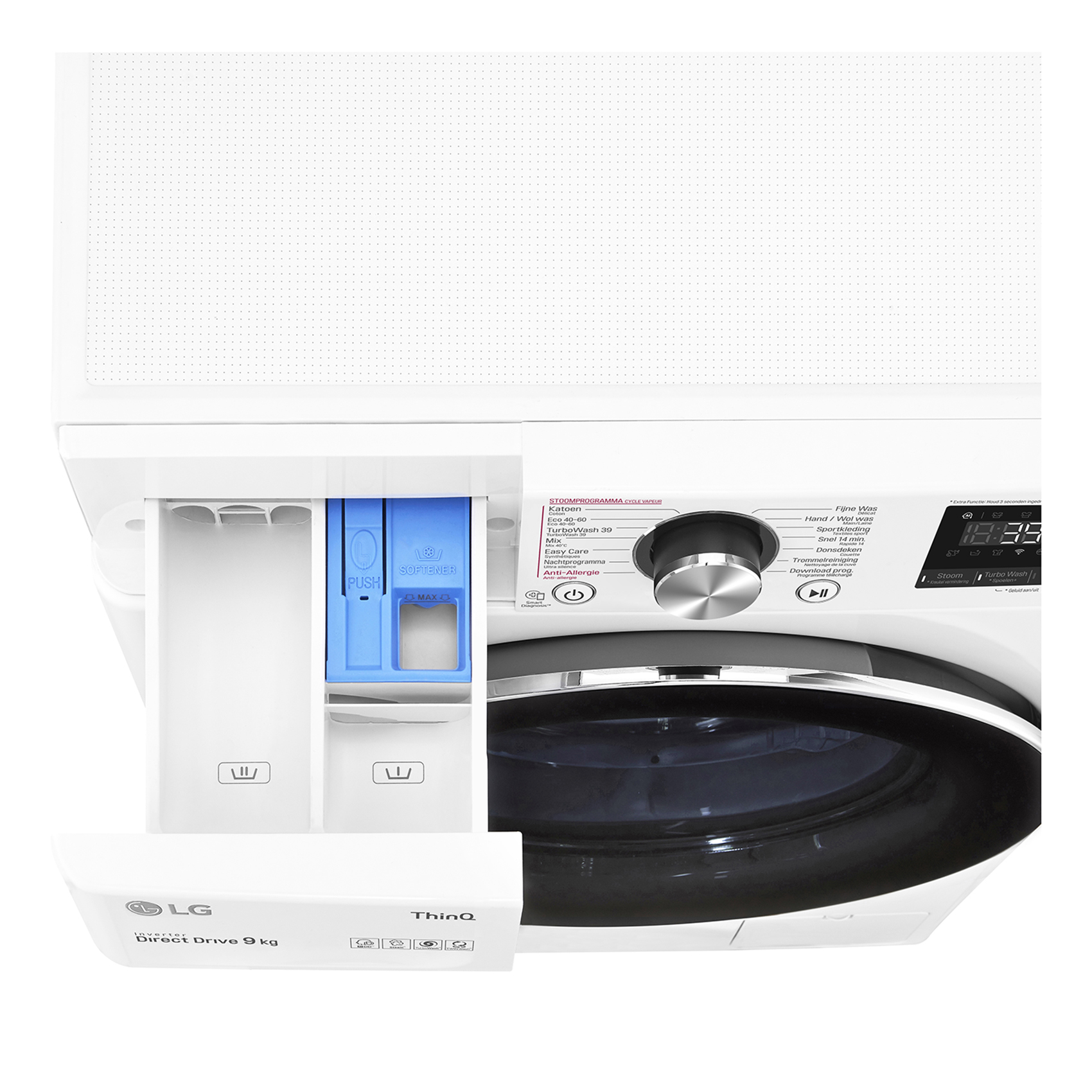 Wasmachine met een geopende wasmiddellade, met details van compartimenten en bedieningspaneel.