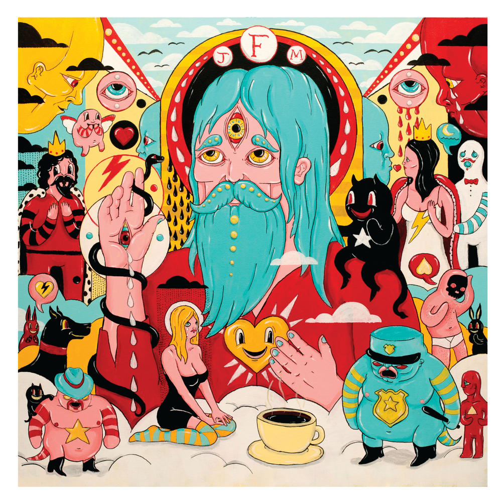 Bunte Illustration mit vielen Figuren, großem Gesicht mit Bart und Kaffeetasse.