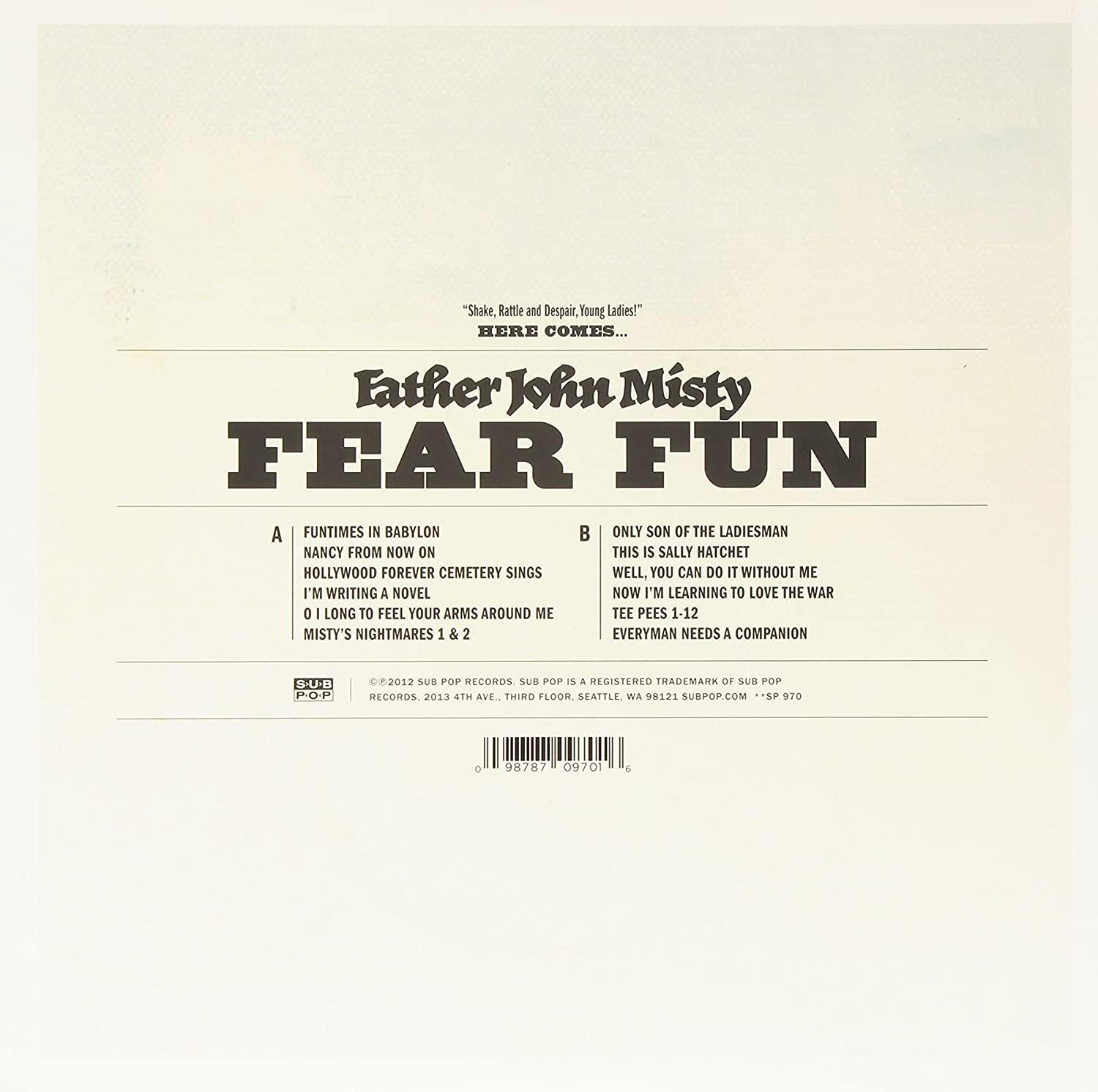 Vinyl-Schallplattencover mit Text. Titel: Father John Misty - Fear Fun. Tracks auf der Rückseite.