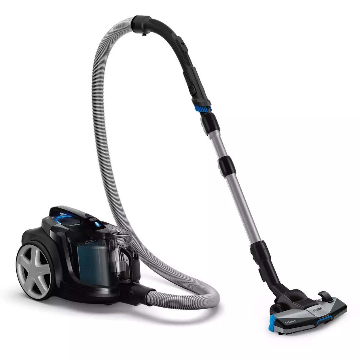 A black and blue vacuum cleaner with a hose and handle. The background is white.