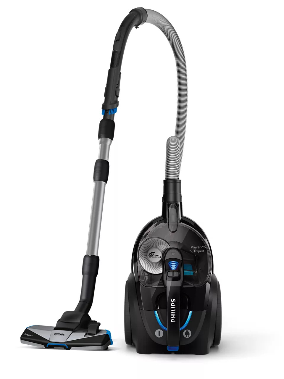Black and gray Philips vacuum cleaner with accessories, white background.