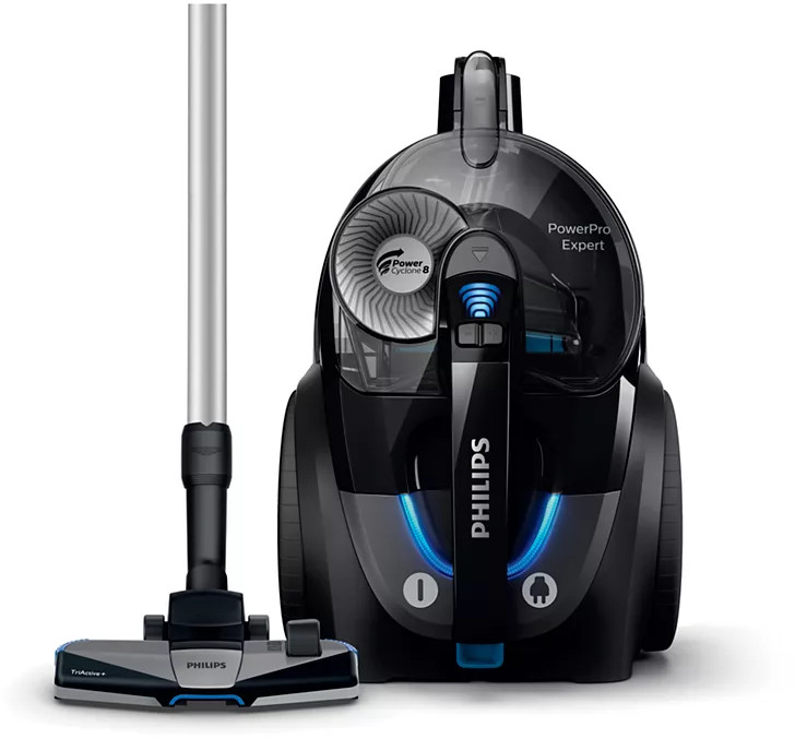 A black vacuum cleaner with a long handle, on a white background.