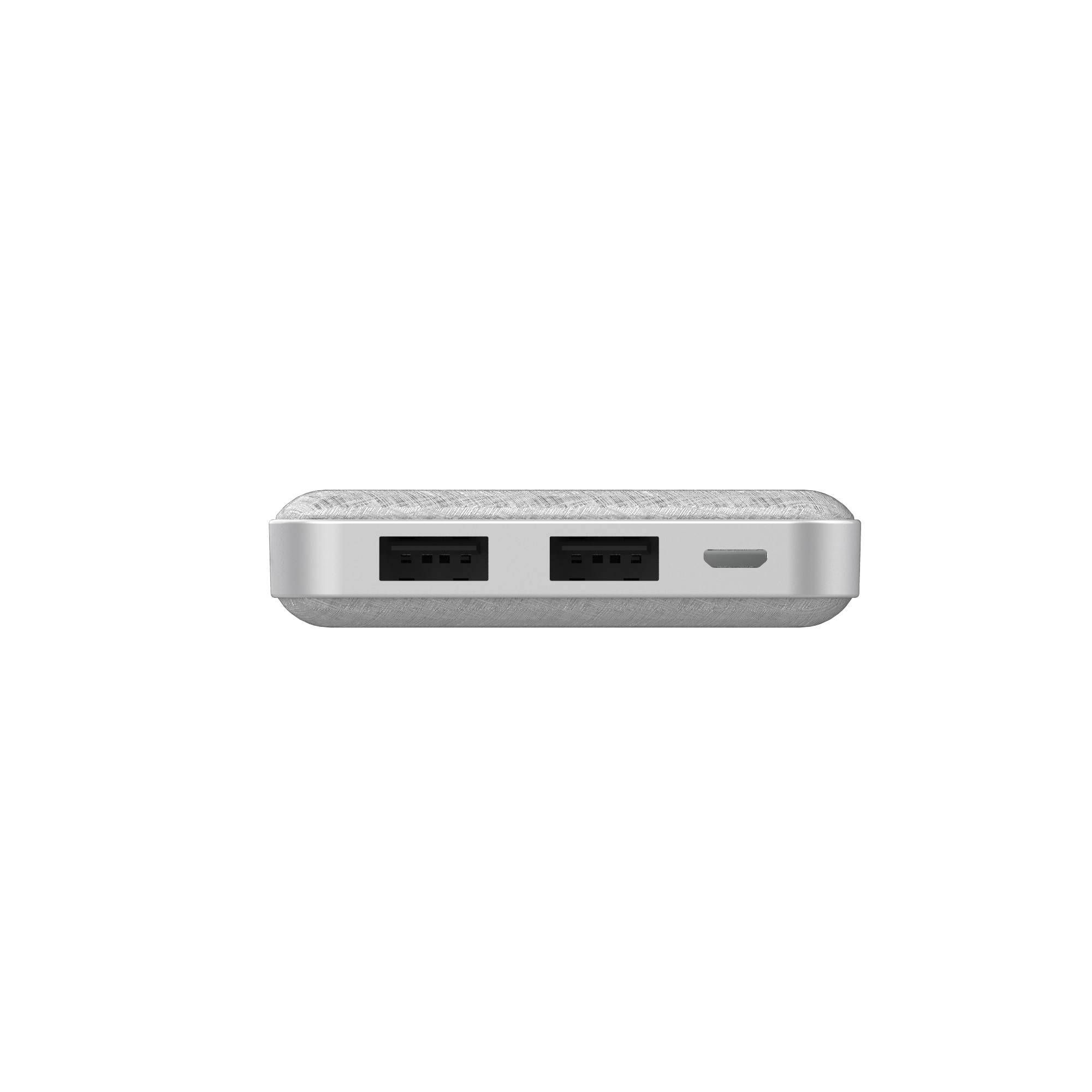 İki USB bağlantı noktasına ve bir USB-C bağlantı noktasına sahip küçük, gümüş bir güç bankası.