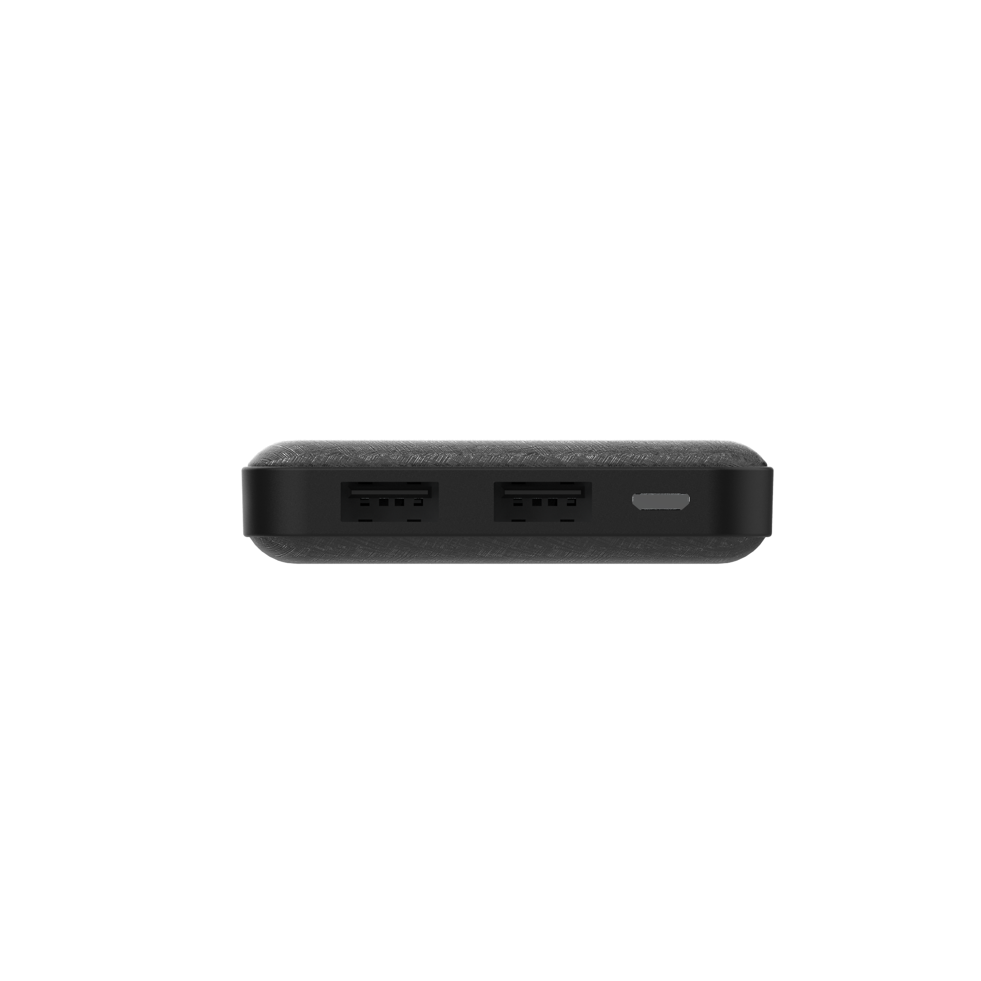 Siyah arka plan üzerinde iki USB portu ve bir şarj portu olan siyah powerbank.