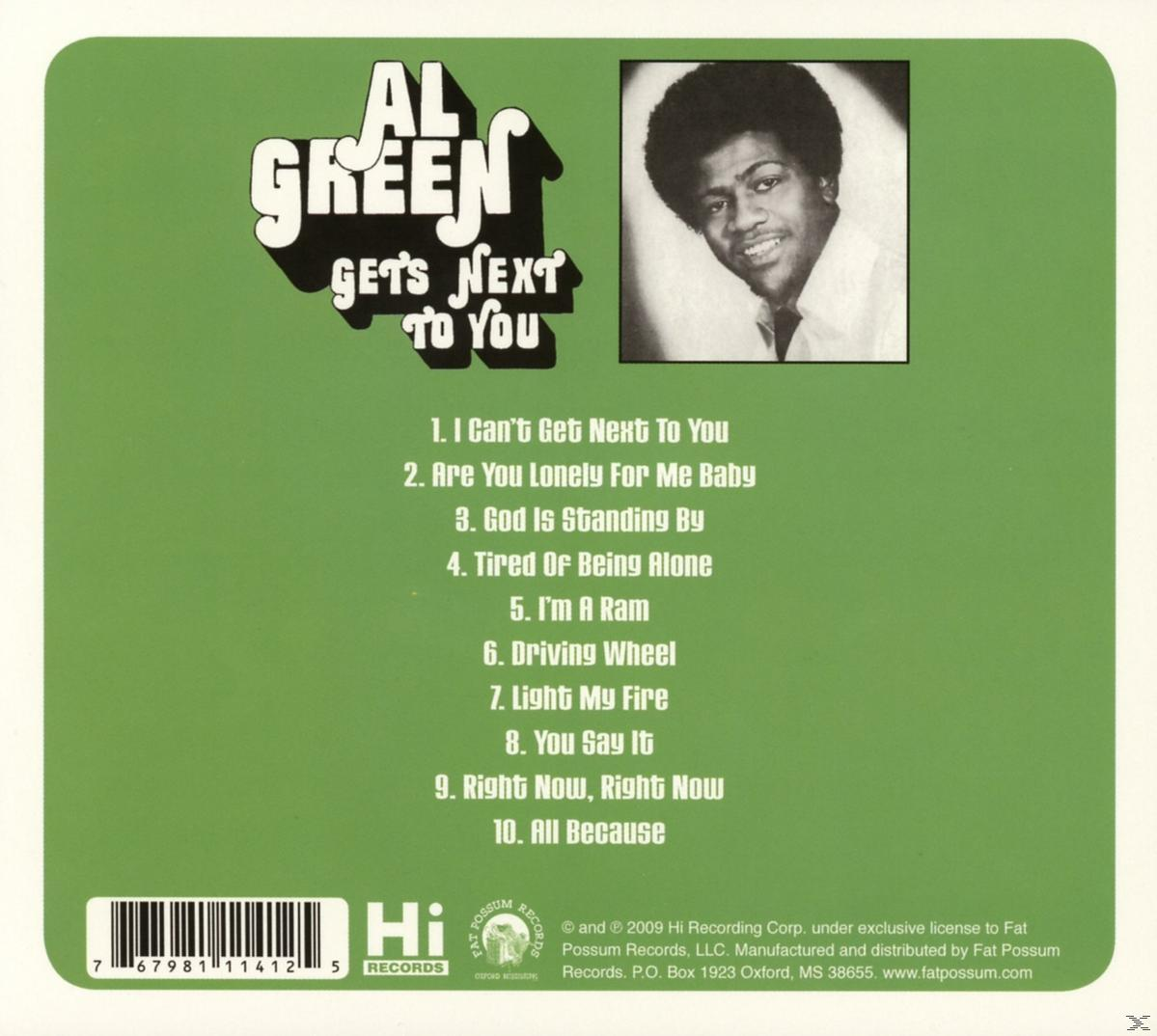 Al Green Gets Next To You album borítója, számlistával és fotóval.