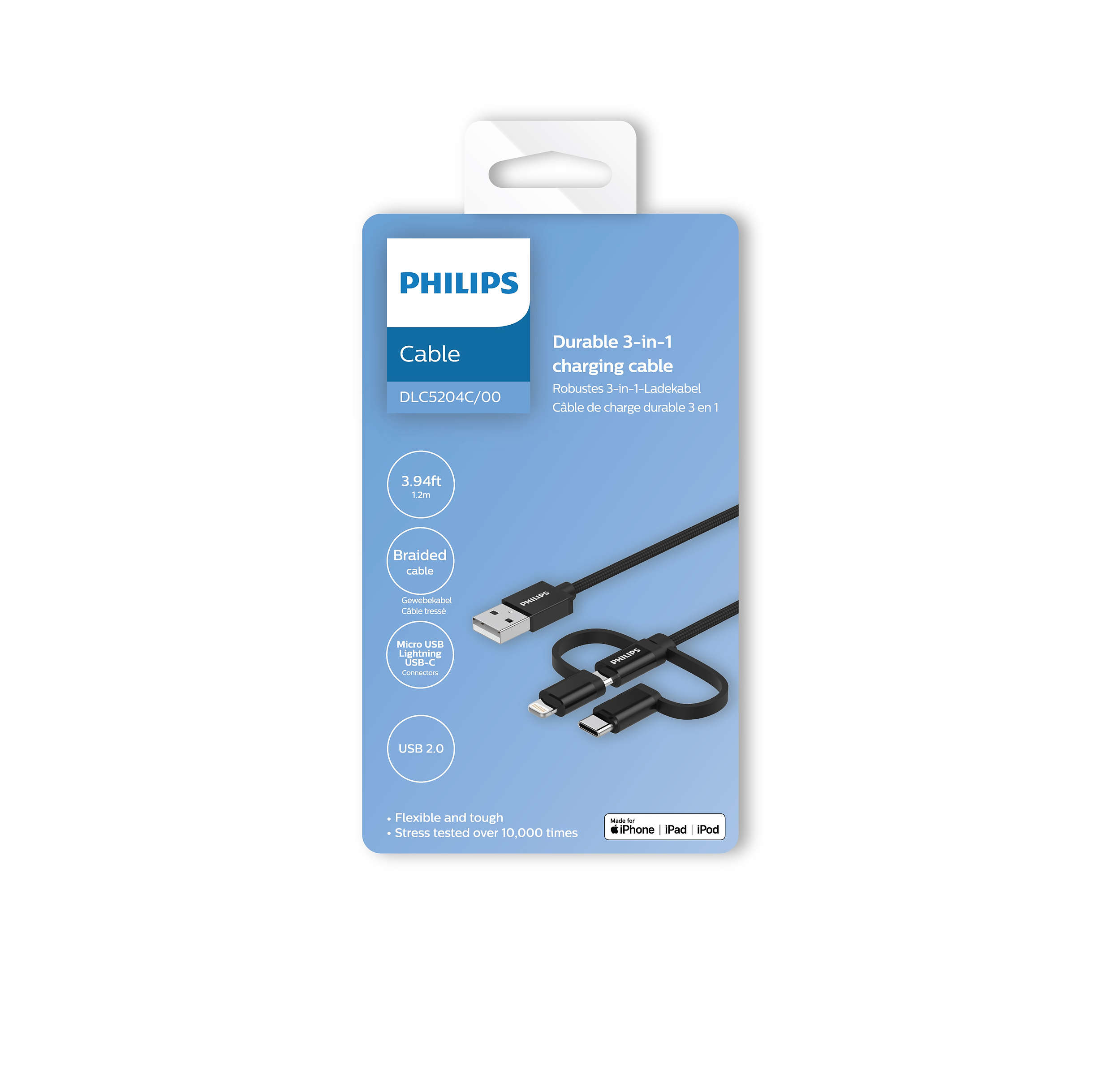 Ambalaj üzerinde Philips 3'ü 1 arada şarj kablosu, konektör seçenekleri ve marka.