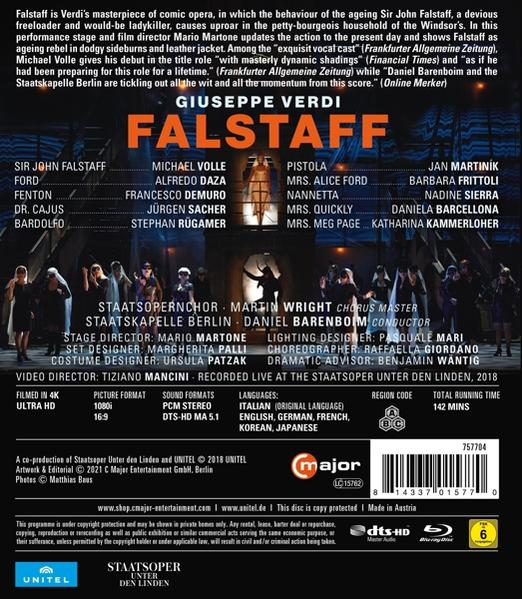 DVD-Cover der Oper Falstaff. Männer in Kostümen auf der Bühne. Text enthält Besetzung, Regisseur und Credits.
