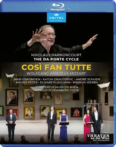 Blu-ray-Cover: Opernszene mit Leuten auf der Bühne, Text: Così Fan Tutte, mit Nikolaus Harnoncourt.