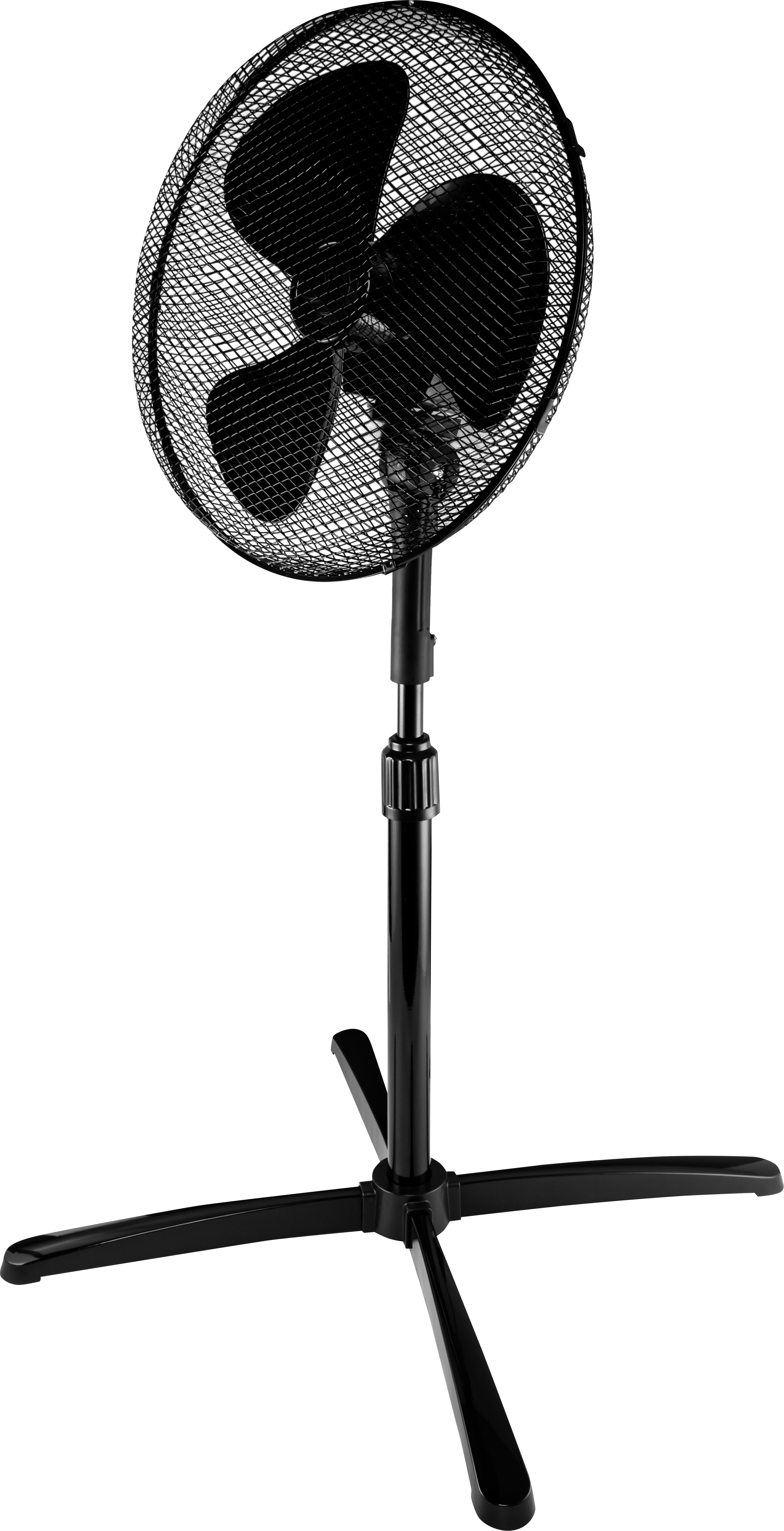Schwarzer Standventilator mit Maschengitter, auf schwarzem Hintergrund.