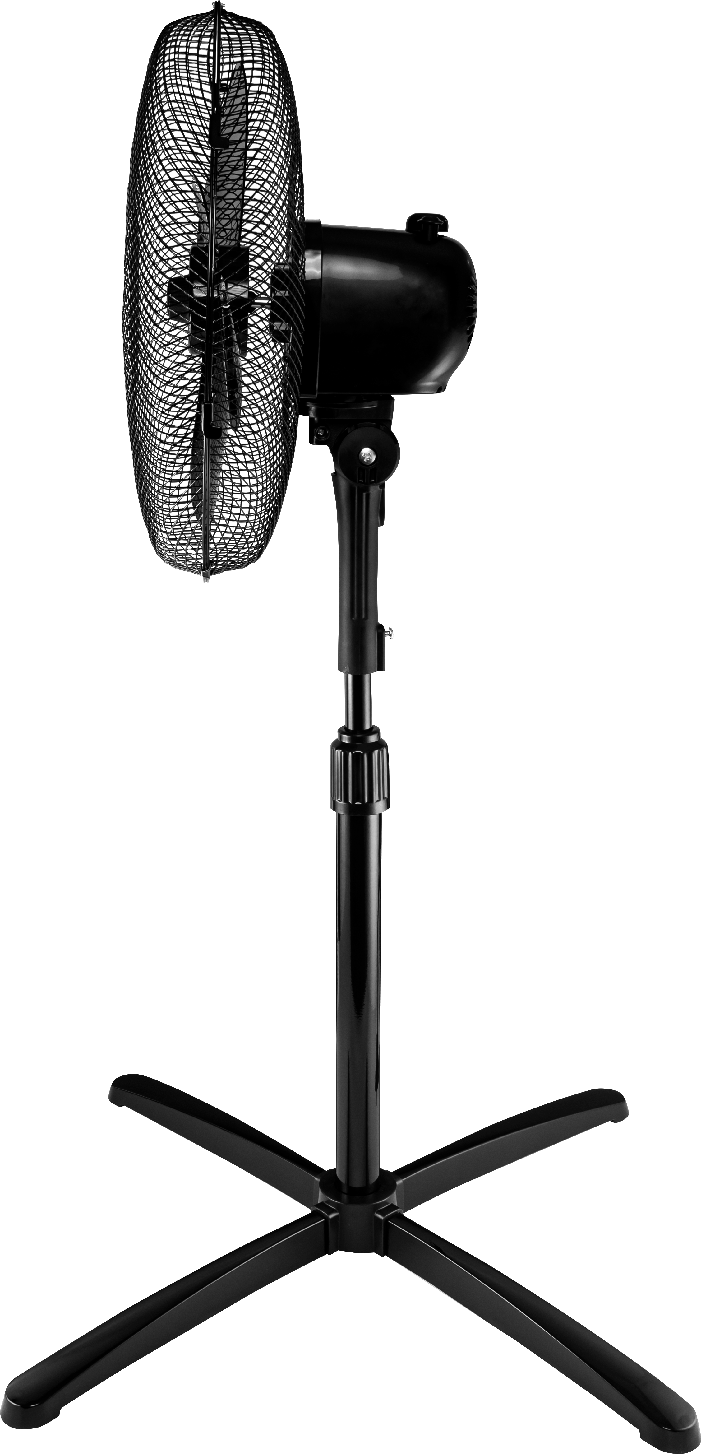 Schwarzer Standventilator, Seitenansicht, mit einem Maschengitter und einem Bein-Sockel, schwarzer Hintergrund.