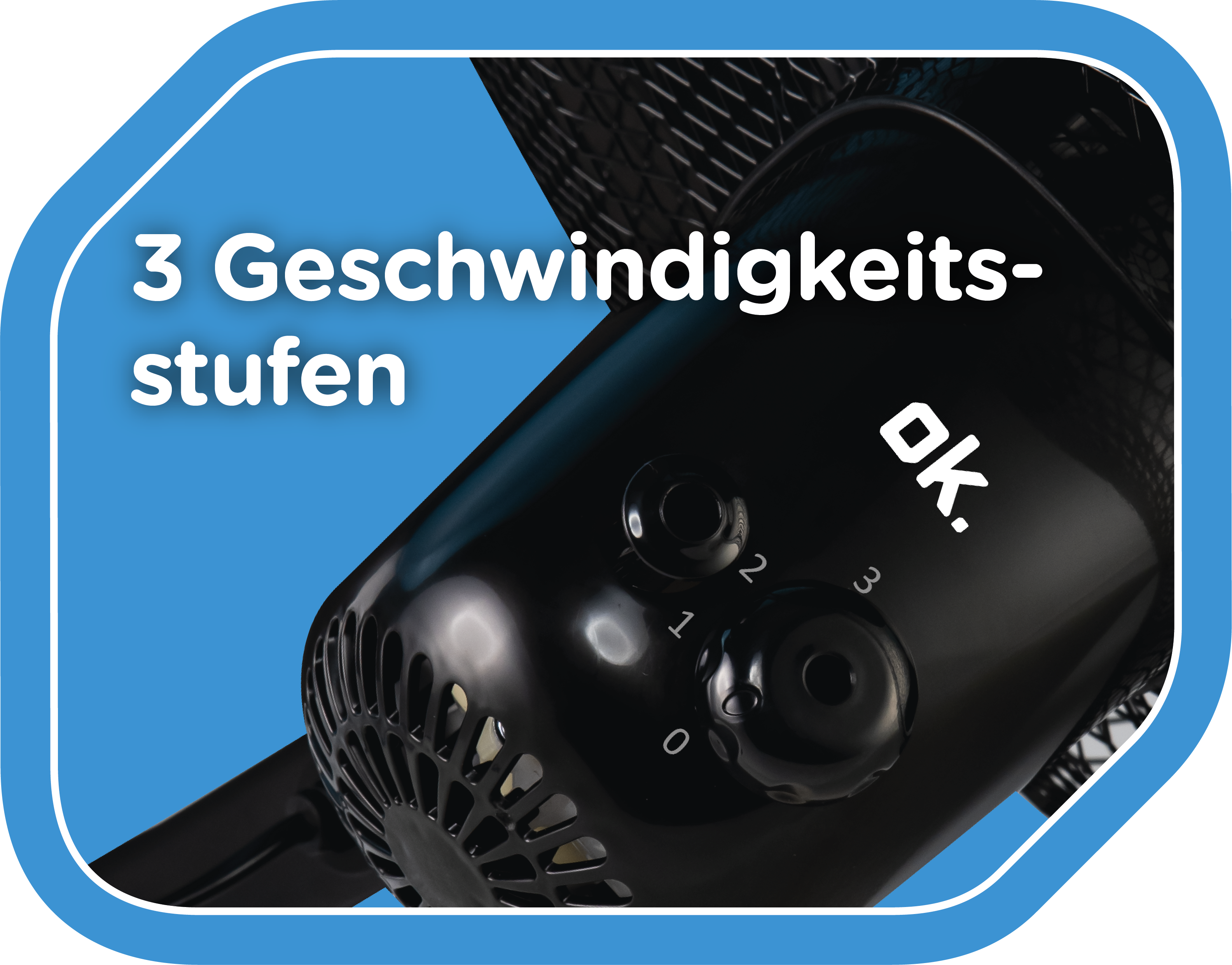 Nahaufnahme eines schwarzen Lüfters mit Bedienfeld, das die Geschwindigkeitseinstellungen 0-3 zeigt, und Text auf Deutsch.