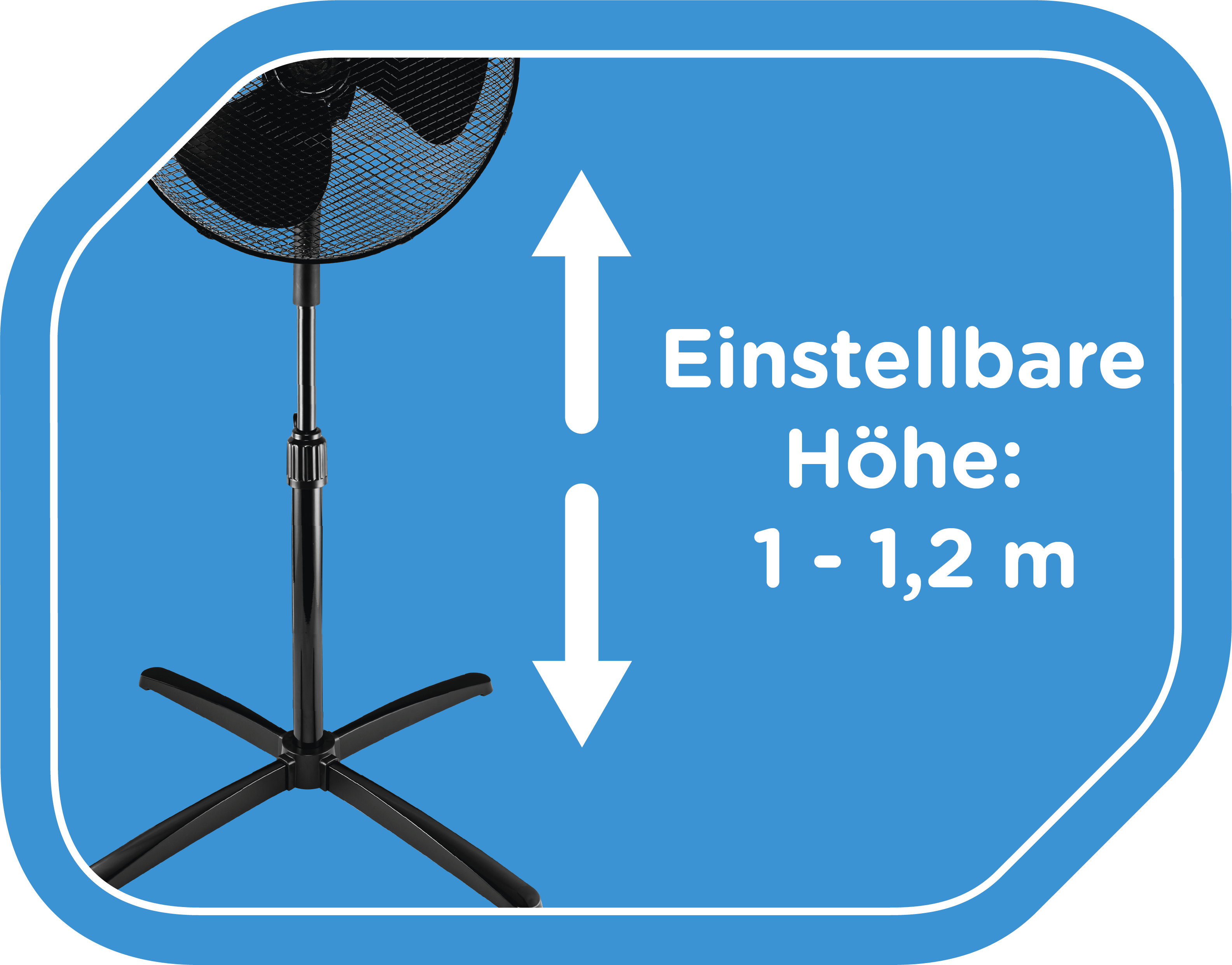 Schwarzer Ventilator mit verstellbarer Höhe, durch Pfeile und Text angezeigt.