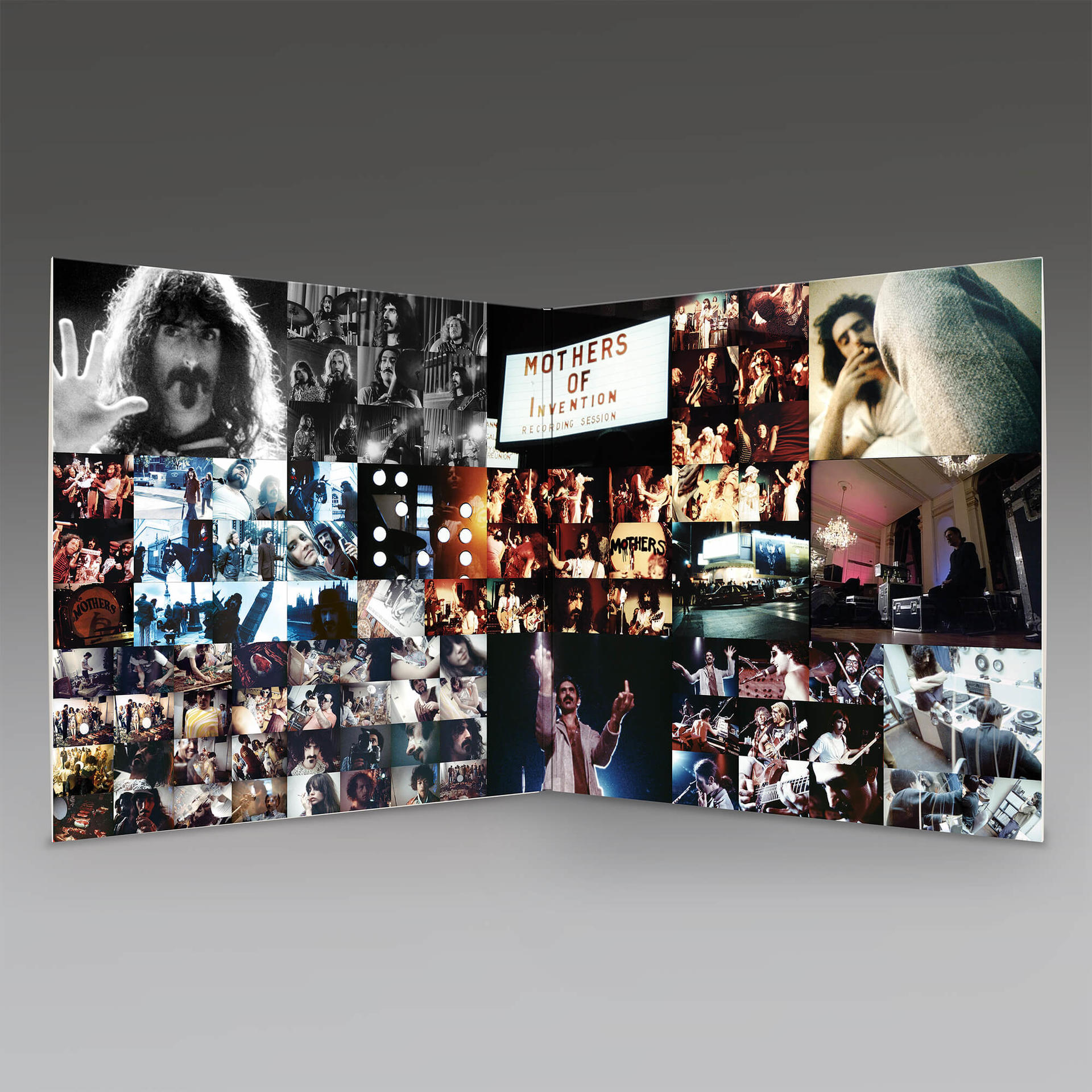 Een concertposter met meerdere panelen met een collage van afbeeldingen die verband houden met Mothers of Invention.