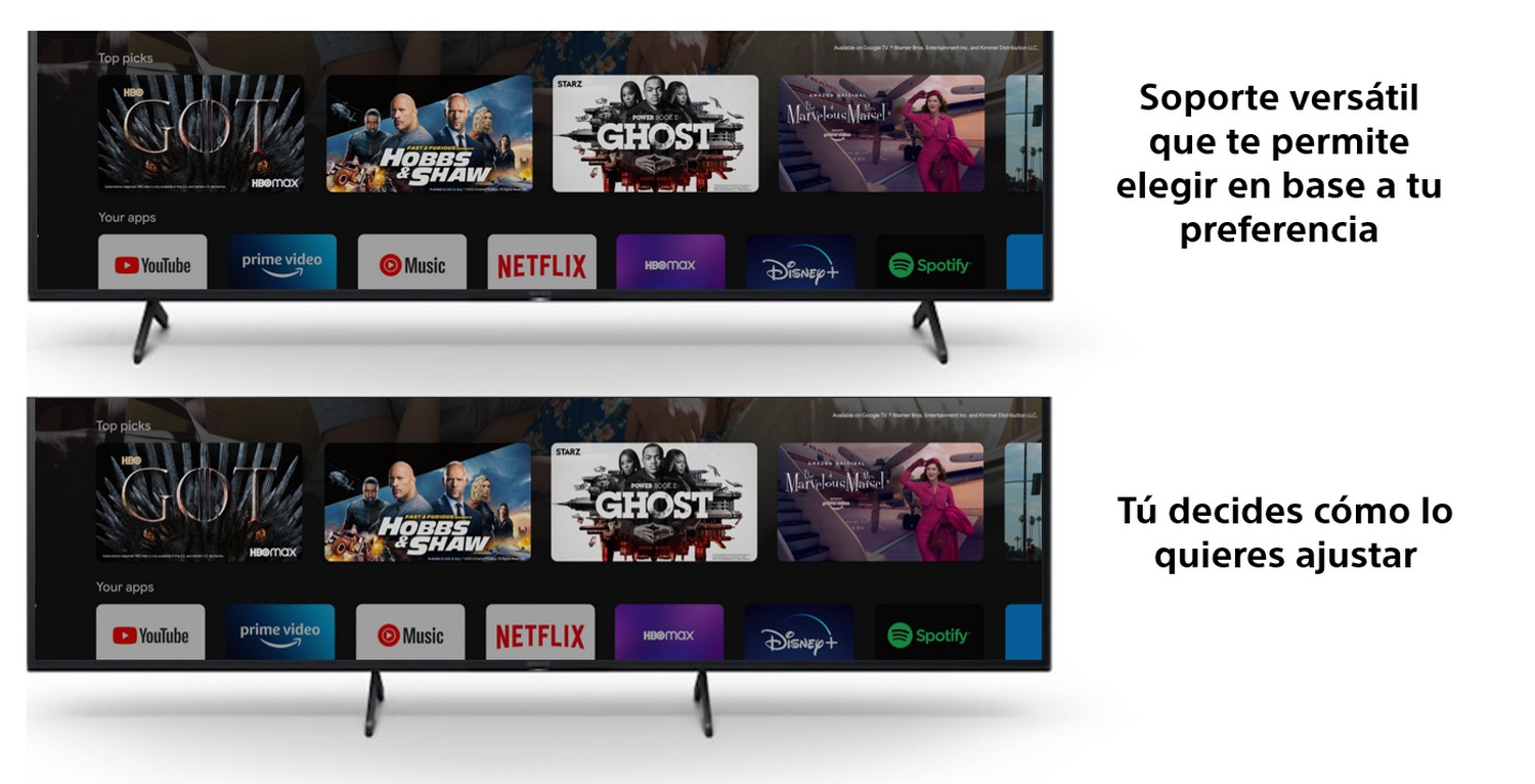 Dos televisores con diferentes diseños de soporte, mostrando una interfaz Smart TV.