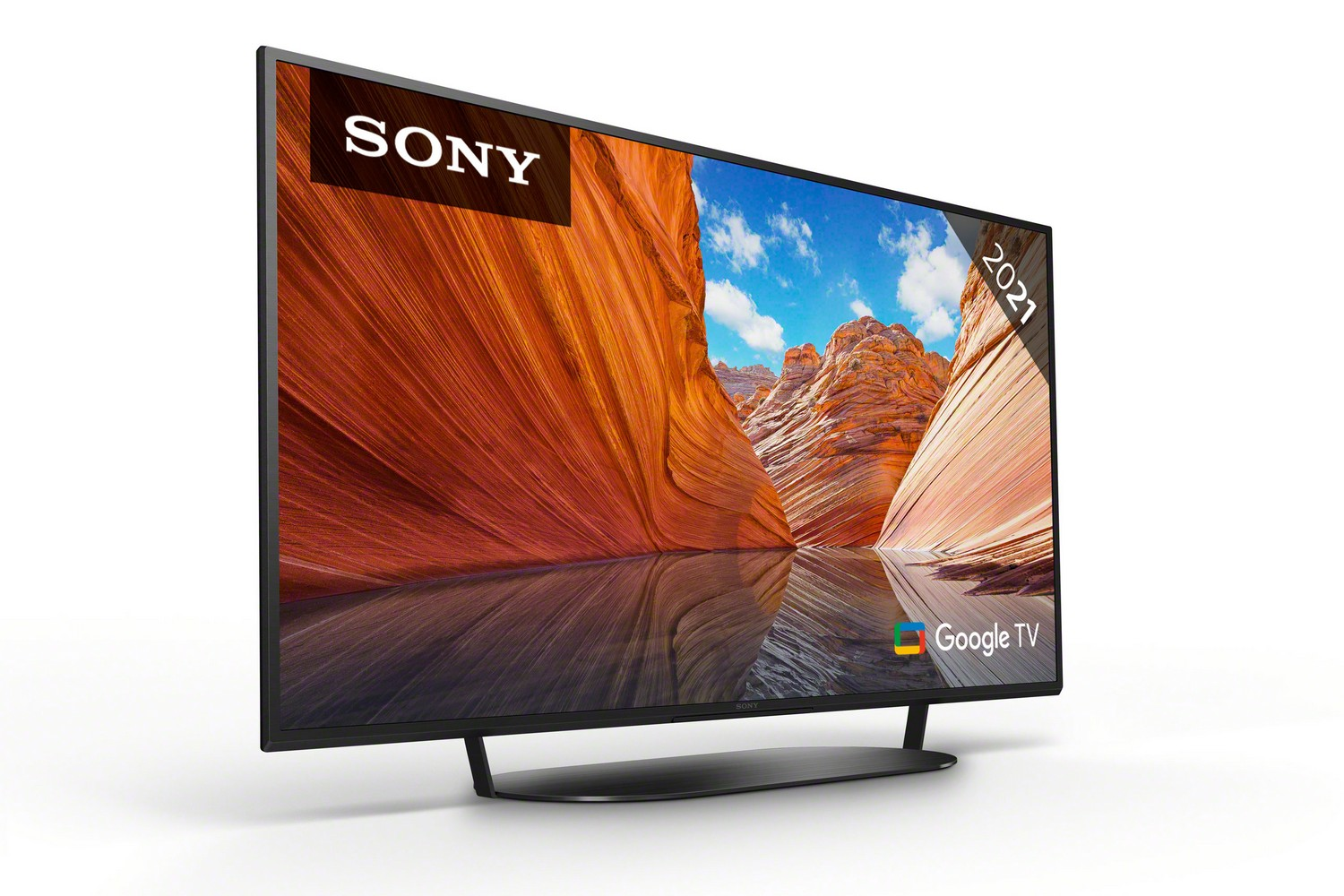Televisor Sony con pantalla que muestra un paisaje. Tiene marco y soporte negros, y el logotipo de Google TV.