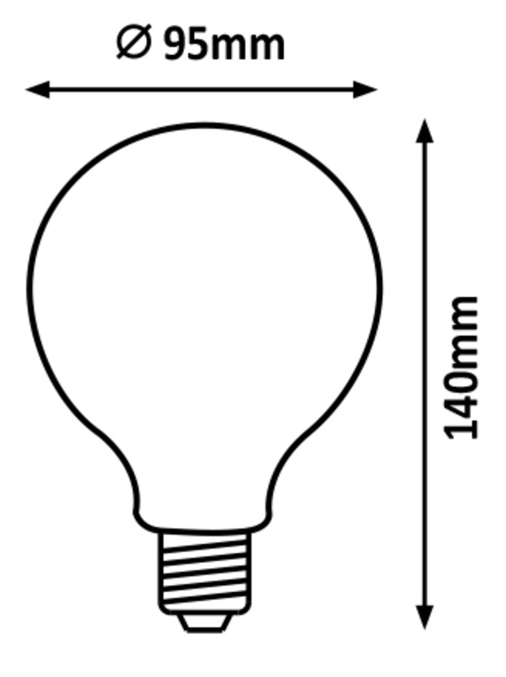 Egy izzó diagramja. 95 mm széles és 140 mm magas. Az izzó alapja csavartípusú. A méretek fel vannak tüntetve.
