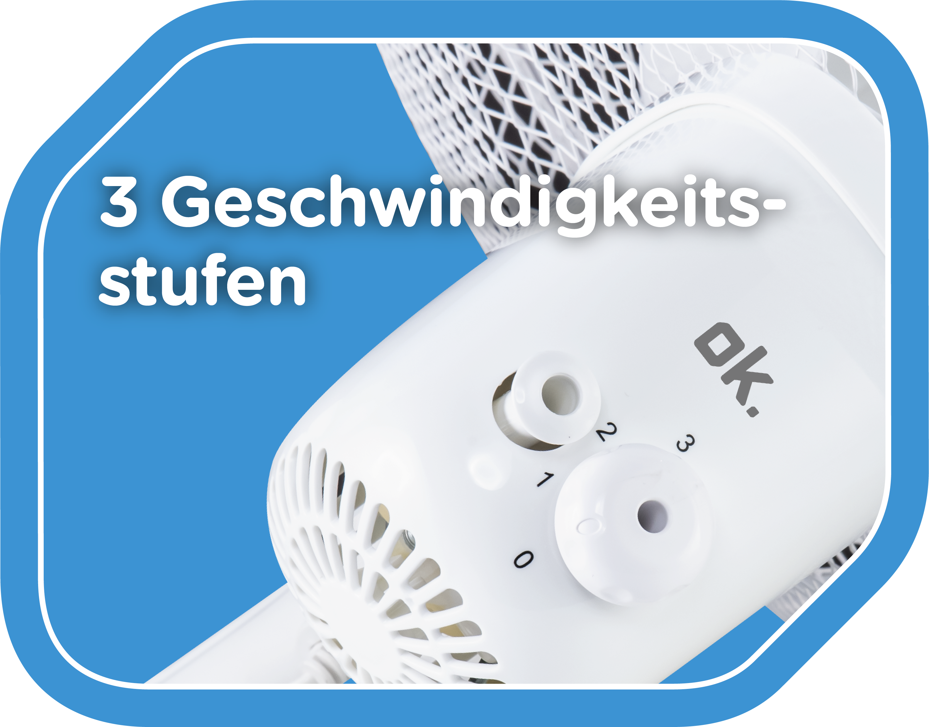 Ein weißer Ventilator mit einem Drehregler, der die Zahlen 0-3 und den Text '3 Geschwindigkeitsstufen' zeigt.