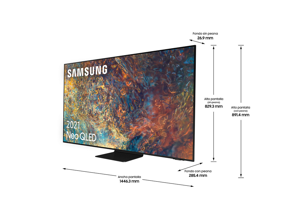 Un televisor Samsung Neo QLED grande con dimensiones en español. Fondo blanco.