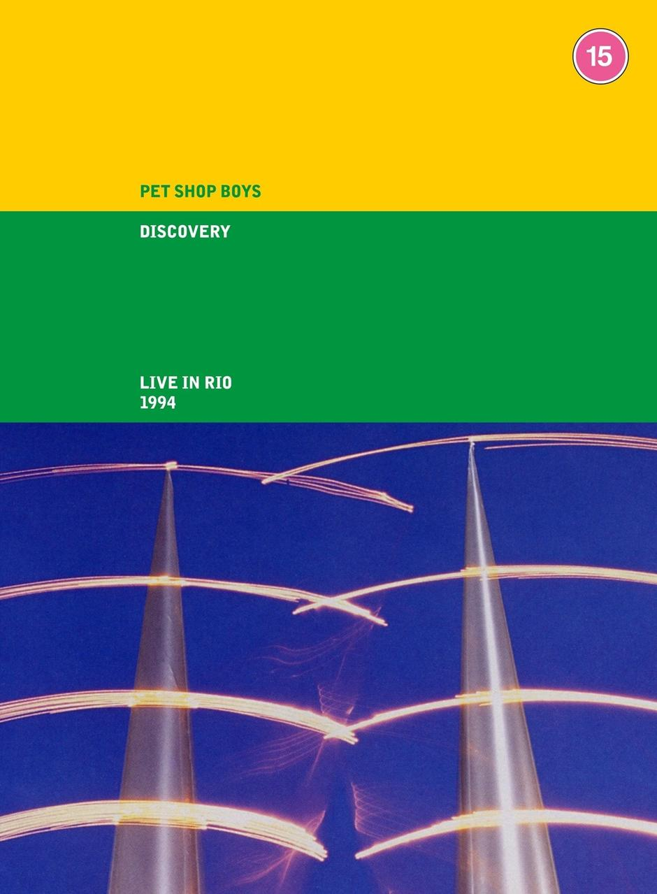 Pet Shop Boys album borítója. Sárga, zöld és kék színek. Szöveg: Discovery, Live in Rio 1994.