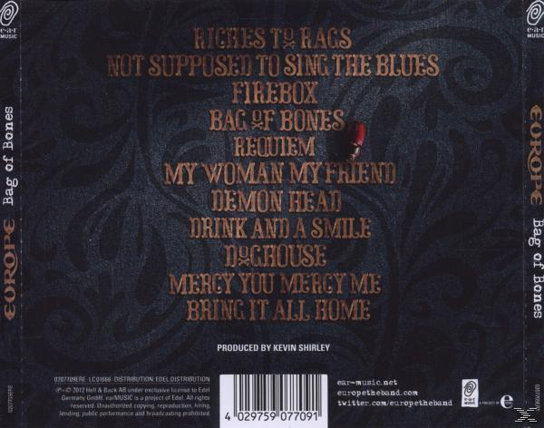 Az Europe 'Bag of Bones' albumának borítója, számlistával és egy piros tárggyal.