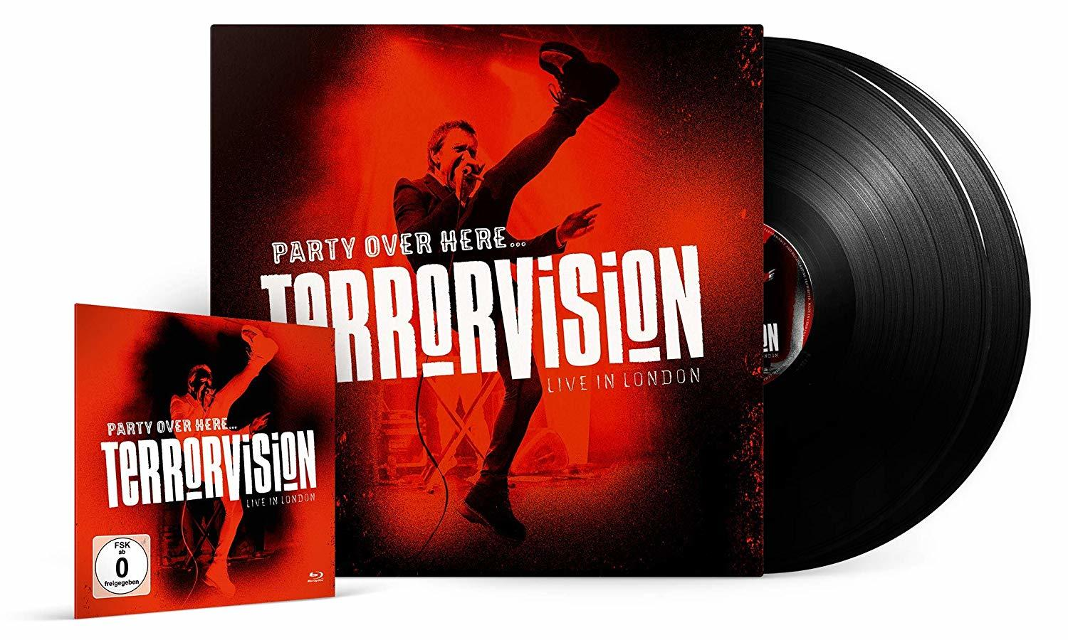 Album borítója, egy éneklő férfival. Az album címe: Terrorvision, Live in London. Jobbra egy bakelit lemez, balra egy CD.