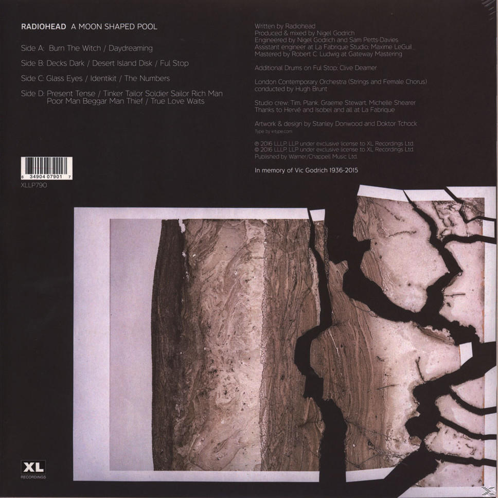 A Radiohead 'A Moon Shaped Pool' albumának hátlapja, a számlistával és a stáblistával.