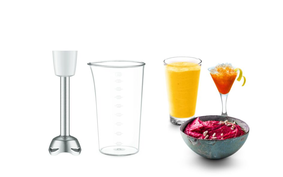 Mixeur, verre doseur, smoothie à l'orange, mélange betterave et graines de tournesol.