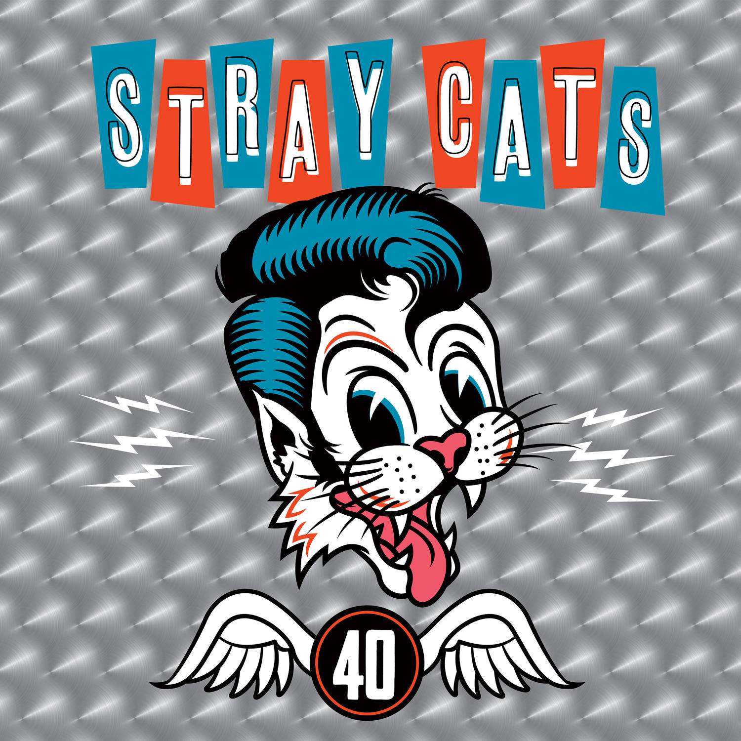 Cartoon-Katzenkopf, blaue Haare, rote Zunge, trägt ein 40-Emblem, auf metallischem Hintergrund, mit „STRAY CATS“ darüber.