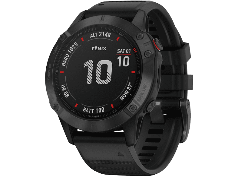 Reloj inteligente Garmin Fenix negro, que muestra la hora y las estadísticas. Tiene una correa negra y una esfera redonda.