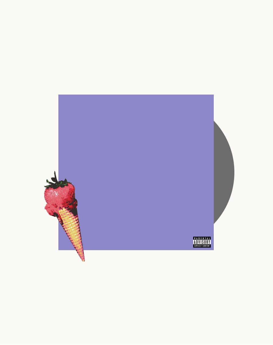 Albumcover-Design. Ein lila Quadrat mit einer Eistüte und einer Schallplatte an der Seite.