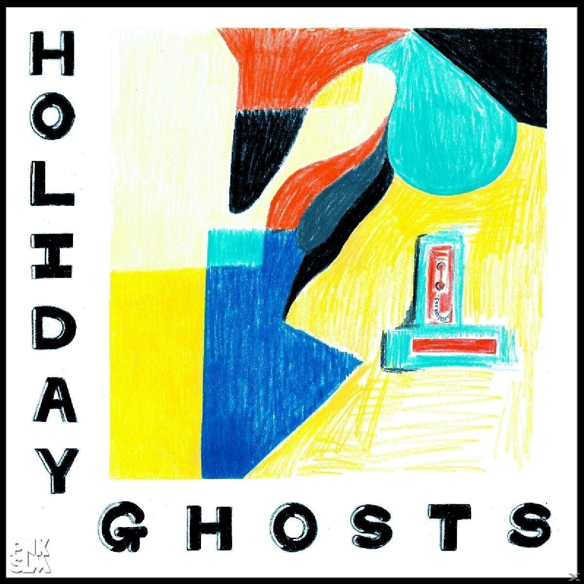 Abstrakte Kunst mit dem Text „HOLIDAY GHOSTS“. Enthält rote, gelbe, blaue und schwarze Formen auf weißem Hintergrund.