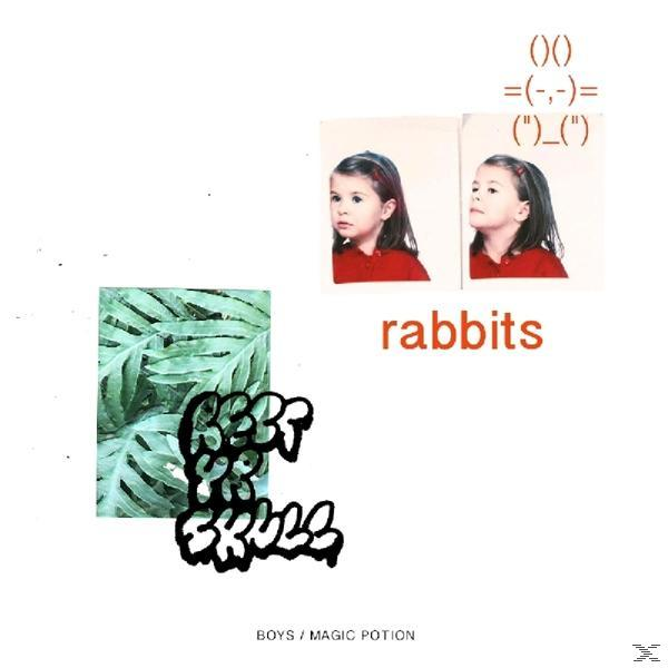 Albumcover mit zwei Fotos eines Mädchens, einer Zeichnung von Blättern und Text: 'boys / magic potion'.