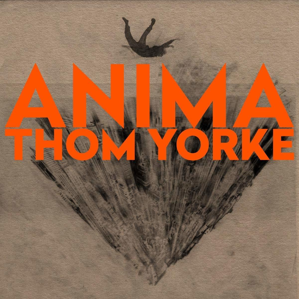 Anima Thom Yorke Albumcover mit Künstlernamen in Orange. Eine schwarze Figur fällt in eine dunkle Form. Der Hintergrund ist beige.