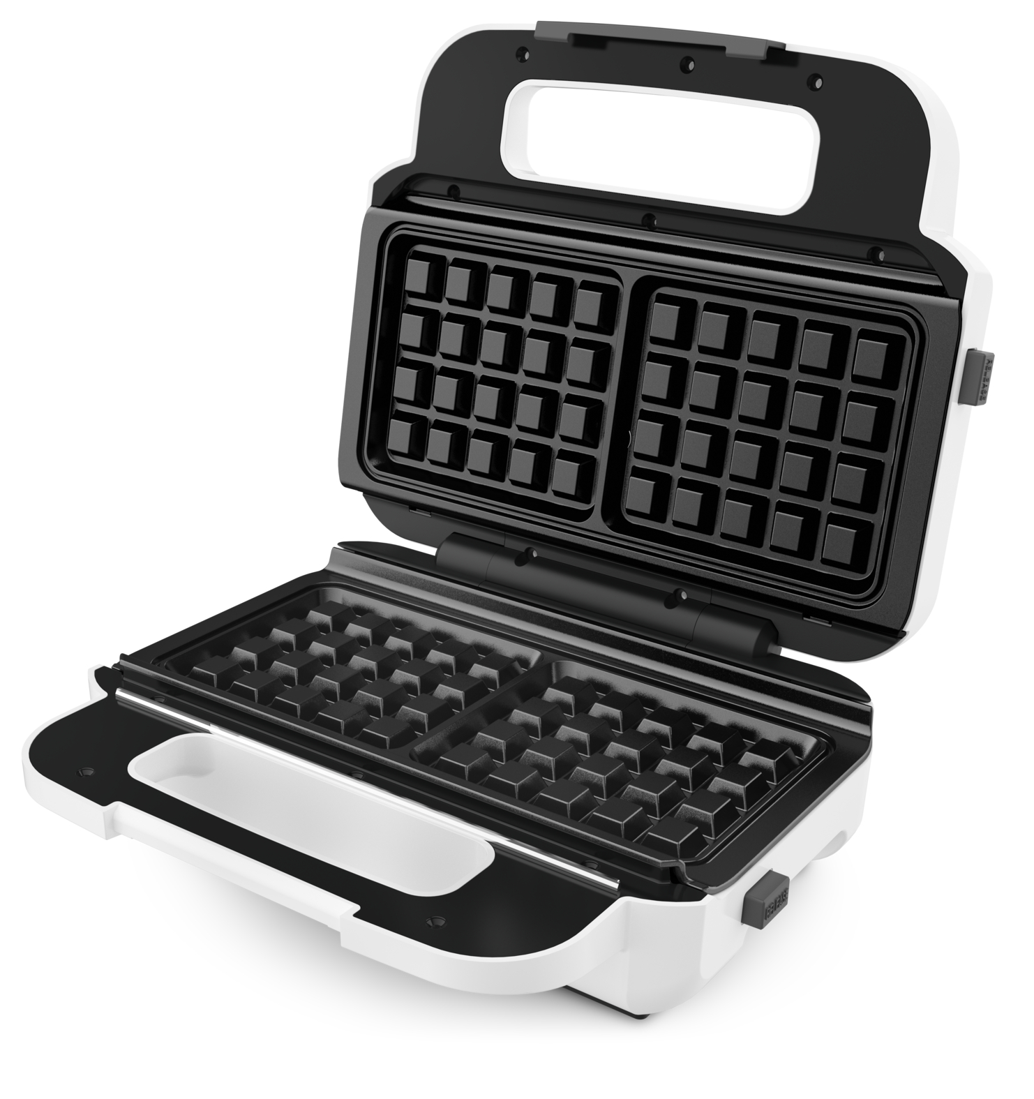 Open white waffle maker showing the griddle plates, ready for use.