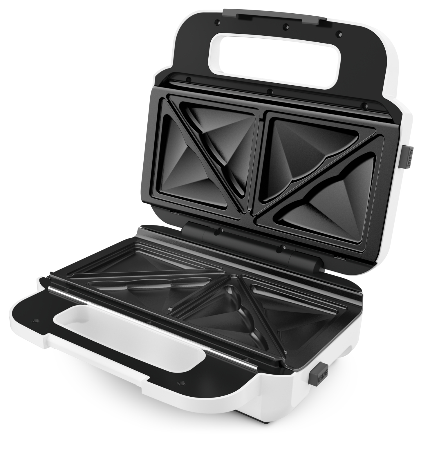 A white sandwich maker with black interior and handle.