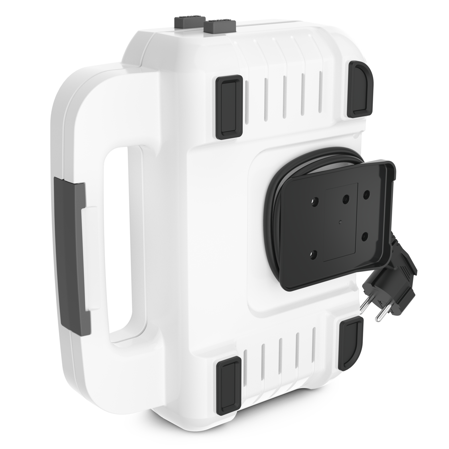 White extension cord reel, with the plug and a handle showing.