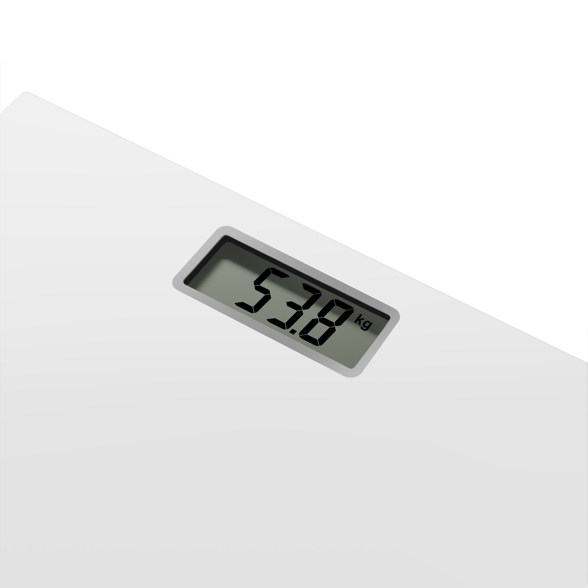 Digitale weegschaal geeft 53,8 kg weer. Witte weegschaal met grijs digitaal display, achtergrond wit.