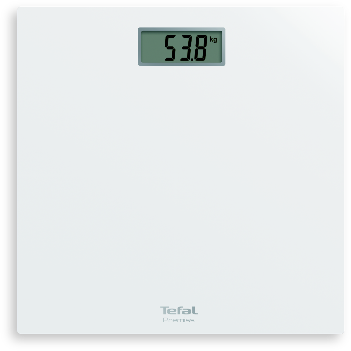 Witte Tefal Premiss weegschaal toont 53,8 kg op digitale display. Zwarte rand omringt de weegschaal.
