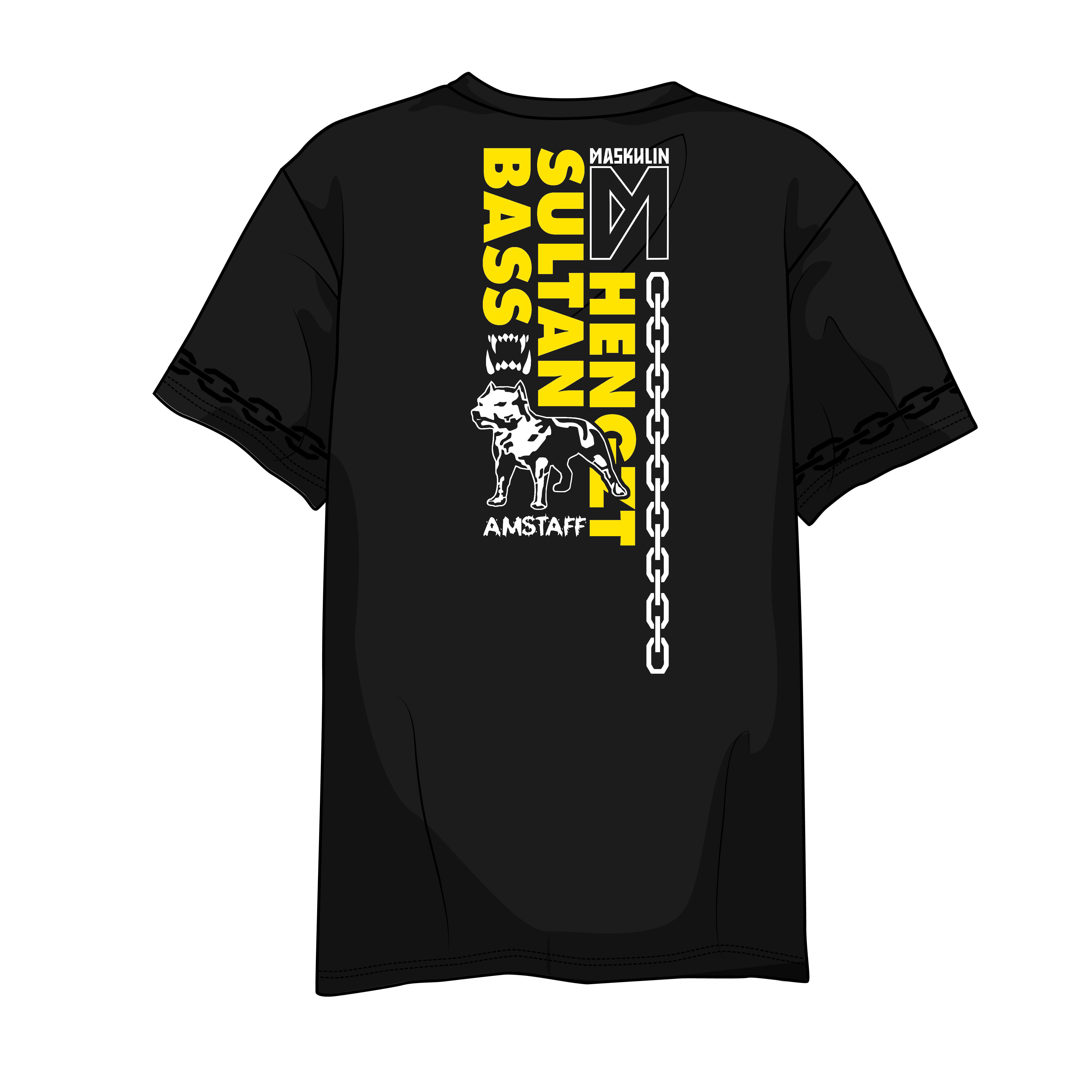 Schwarzes T-Shirt mit Hundegrafik und Text, mit 'Maskulin', 'Sultan Hengst', 'Amstaff'.