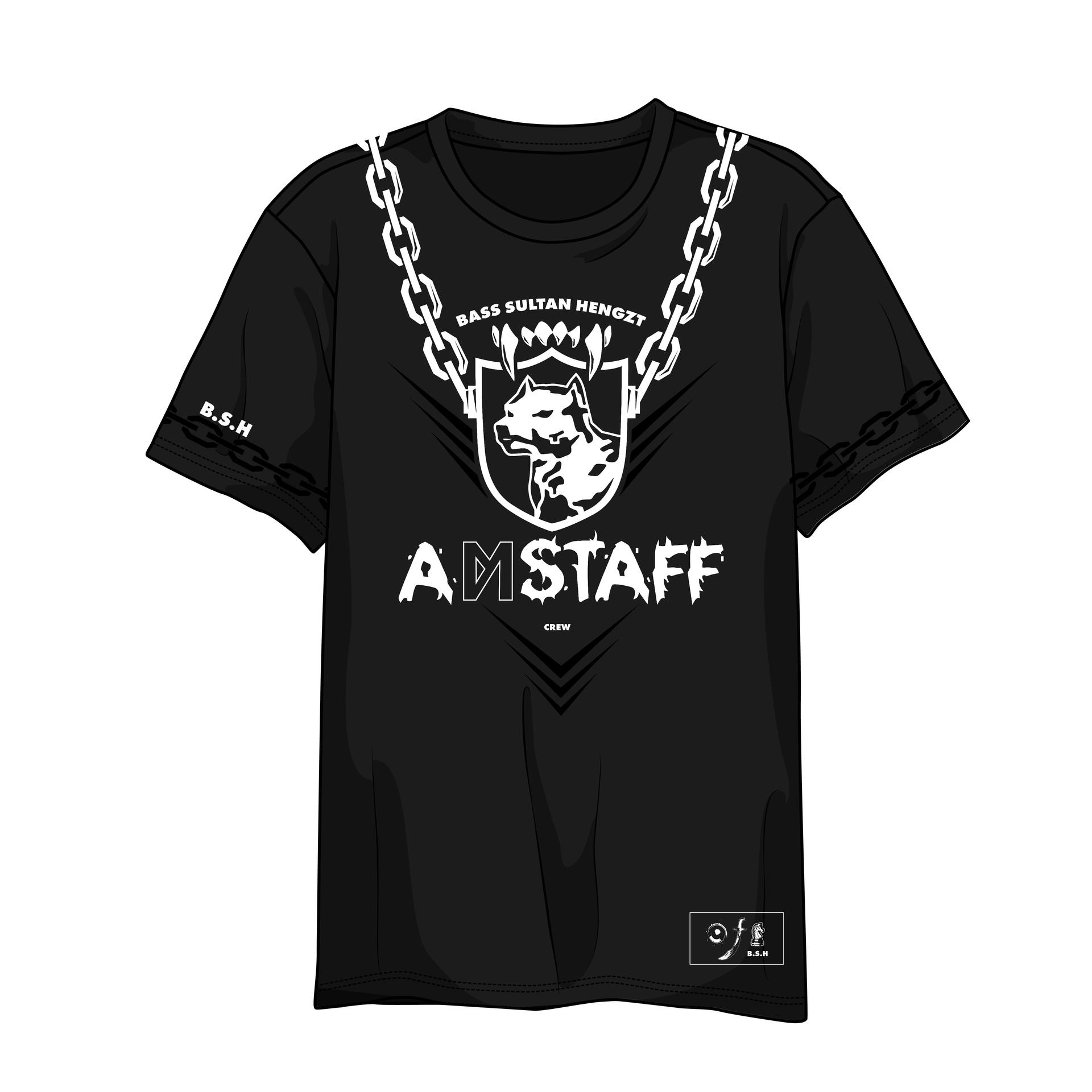 Schwarzes T-Shirt mit weißem Aufdruck. Text: „AMSTAFF CREW“. Hunde-Logo und Kette oben.