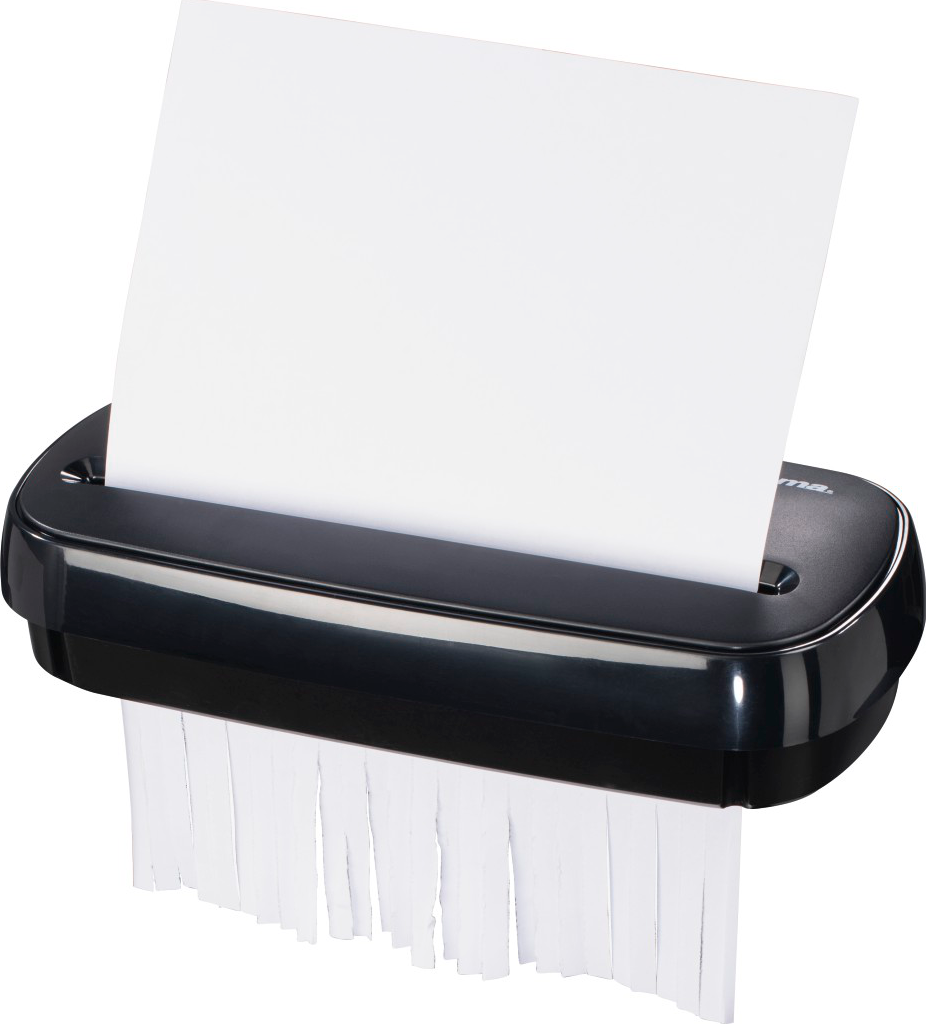 Déchiqueteuse de papier noire déchiquetant du papier blanc, avec du papier déchiqueté tombant en dessous.