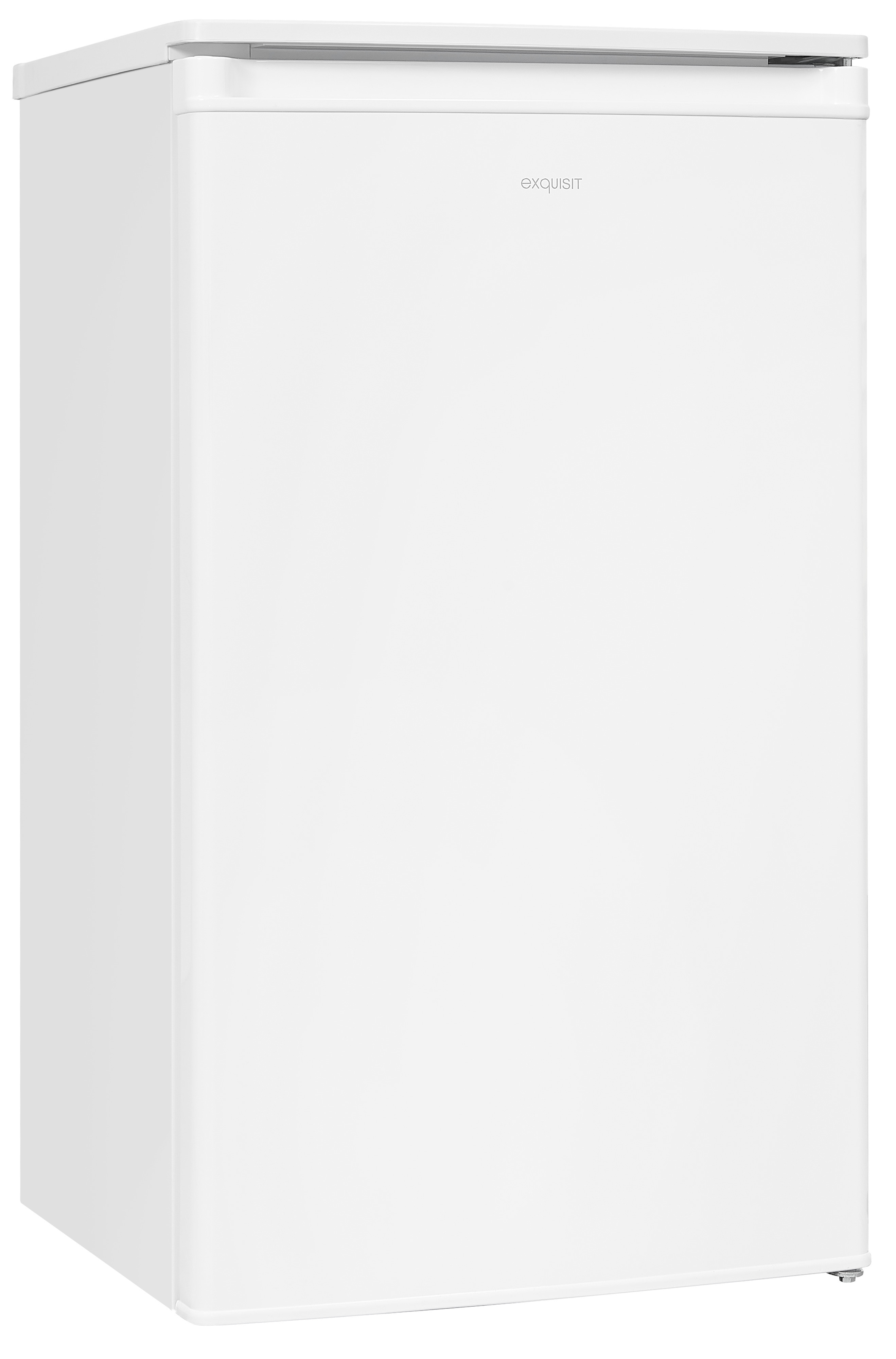 Ein weißer Exquisit-Kühlschrank, der aufrecht steht, mit dem Markennamen auf der Vorderseite.