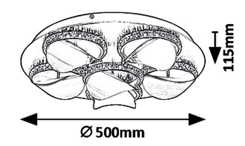 Egy mennyezeti lámpa illusztrált terve, 500 mm és 115 mm méretekkel.