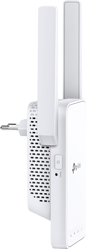 Fehér TP-Link Wi-Fi jelerősítő, antennákkal és dugóval. Oldalnézet, reset gombbal és zár jelzővel.