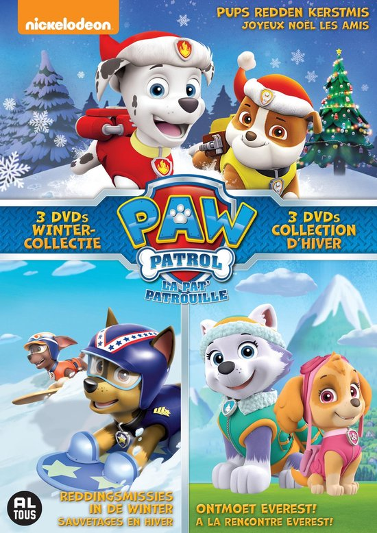 Couverture DVD de PAW Patrol. Chiens de dessins animés dans des scènes d'hiver. Texte en plusieurs langues.