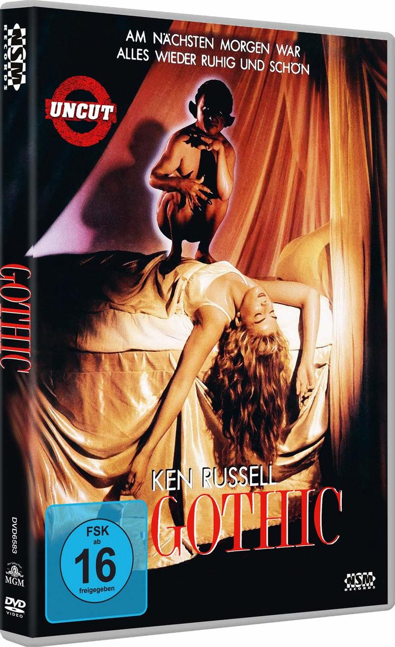 DVD-Cover für 'Gothic'. Frau liegt auf dem Bett, kleine Figur darüber. Roter Text und blaue Bewertungsplakette.