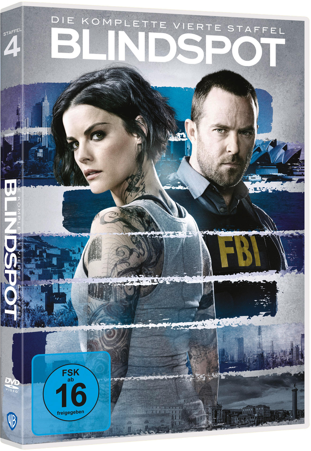 DVD-Cover von Blindspot, Staffel 4, mit zwei Personen im Vordergrund und einer Stadt im Hintergrund.