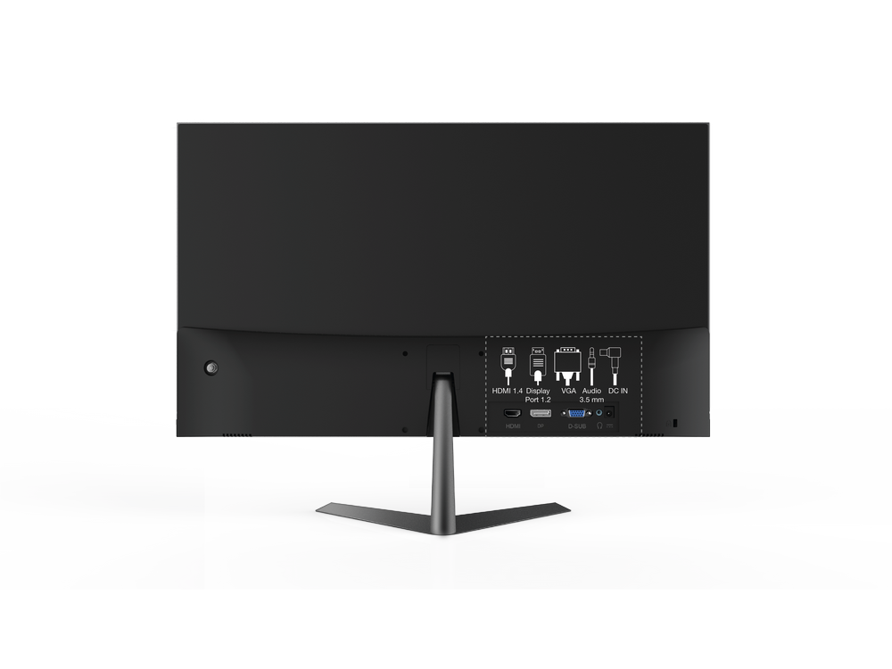 Vista trasera de un monitor de computadora negro con puertos para HDMI, VGA, Audio, DC in y D-SUB.