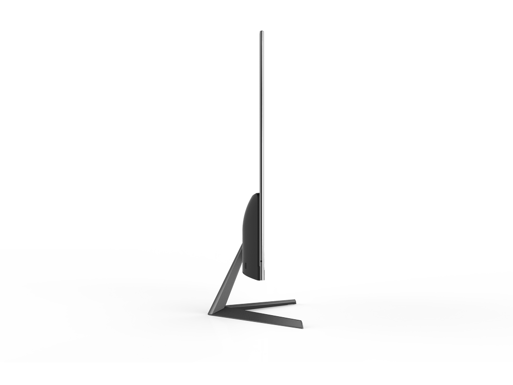 Un monitor negro delgado se muestra de perfil contra un fondo blanco. Tiene un diseño minimalista.